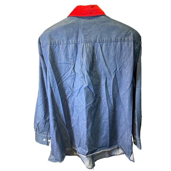 Karen Scott Blue Denim Holiday Embroidered Collared Long Sleeve Button Up Shirt - Picture 2 of 8